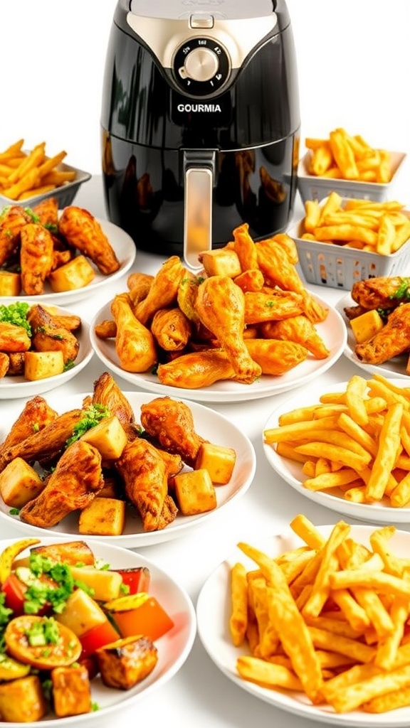 A variety of air-fried dishes including chicken wings, roasted vegetables, and fries, with a Gourmia air fryer in the background.